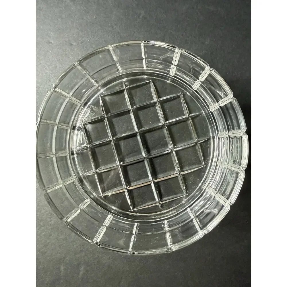 Vintage Cut Crystal Glass Tartan Pattern Bowl Clear Round Modernist Trinket Dish